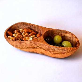 Handcrafted Two-Cavity Tunisian Olive Wood Serving Bowl – Eco-Friendly, Sustainable & Unique