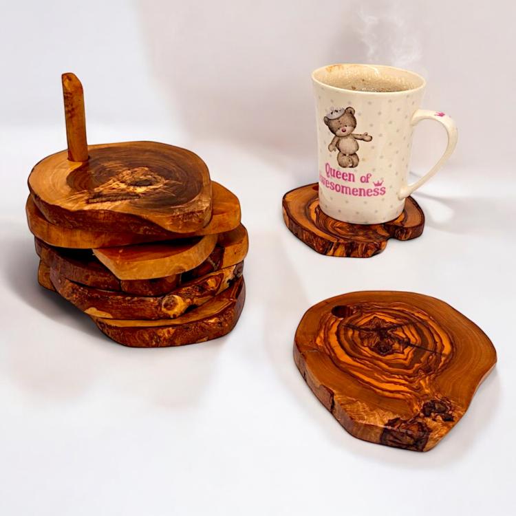 OLIVE WOOD COASTER HOLDER SET | 6 PIECE SET | HANDCRAFTED BY LAZER CRAFTZ