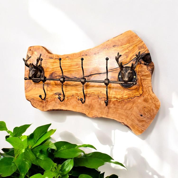 OLIVE WOOD COAT RACK WITH ANTLER HOOKS
