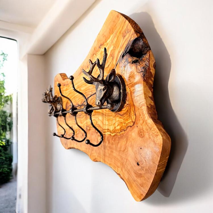 OLIVE WOOD COAT RACK WITH ANTLER HOOKS - Image 2
