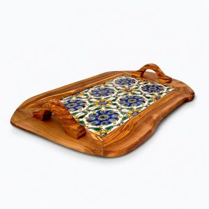 Handcrafted Olive Wood Serving Tray with Ceramic Tiles