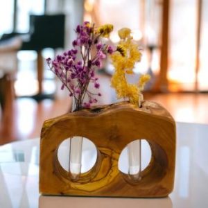 Double-Tube Olive Wood Display Vase